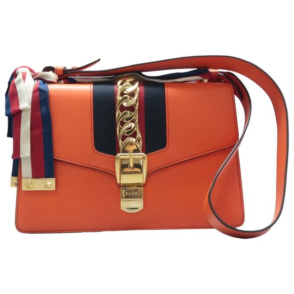 GUCCI Sylvie Orange Leather Shoulder Bag 837-061425 - Picture 1 of 12